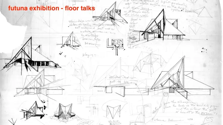 Pencil on paper sketches of the Futuna chapel by John Scott
