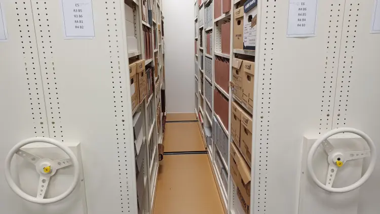 Interior shot of archive storage racks with boxes.