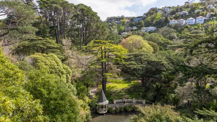 Green bush and a small building by a lake